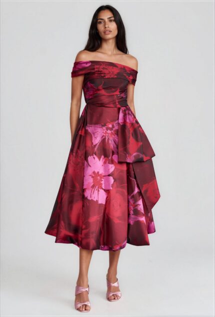 Off-Shoulder Midi Cocktail Dress with Floral Print<br/> - Image 2