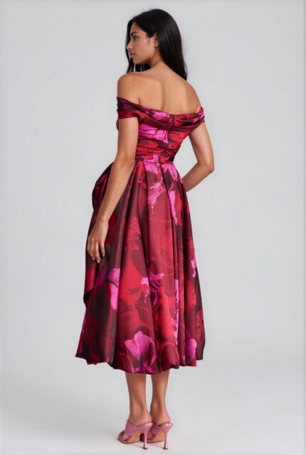 Off-Shoulder Midi Cocktail Dress with Floral Print<br/> - Image 3