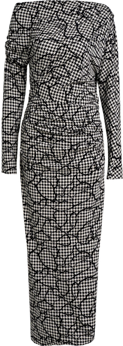 Maxi Dress with Houndstooth Pattern and Asymmetric Neckline<br/>
