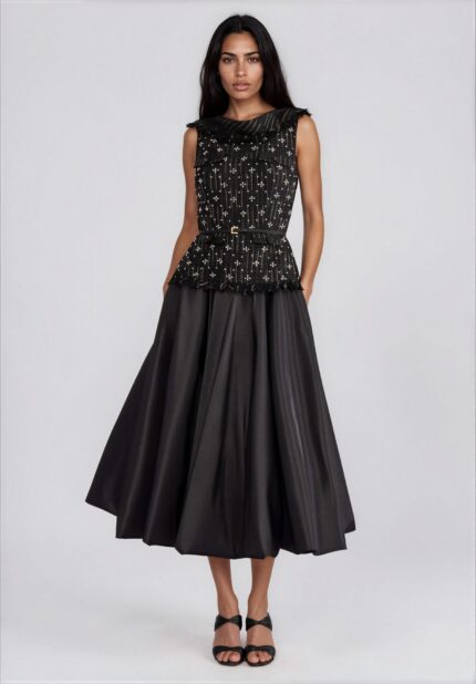 Midi Dress with Embellished Bodice and Taffeta Skirt<br/> - Image 3