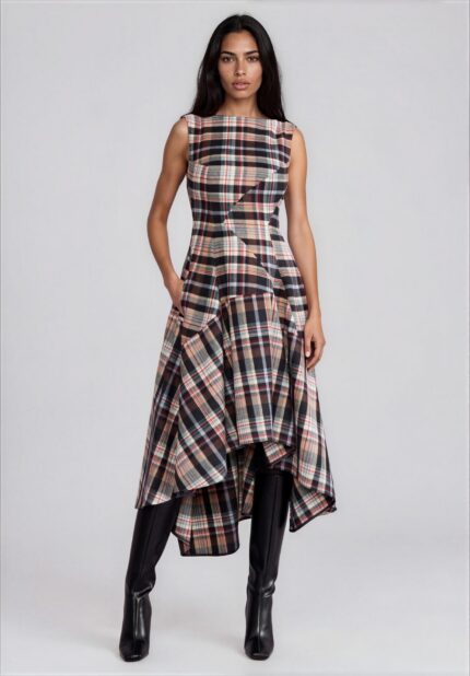 Checked Midi Dress with Asymmetric Draped Skirt<br/> - Image 2