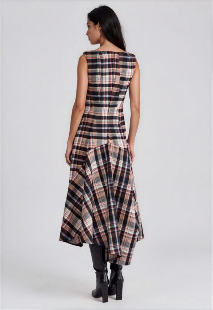 Checked Midi Dress with Asymmetric Draped Skirt<br/> - Image 3