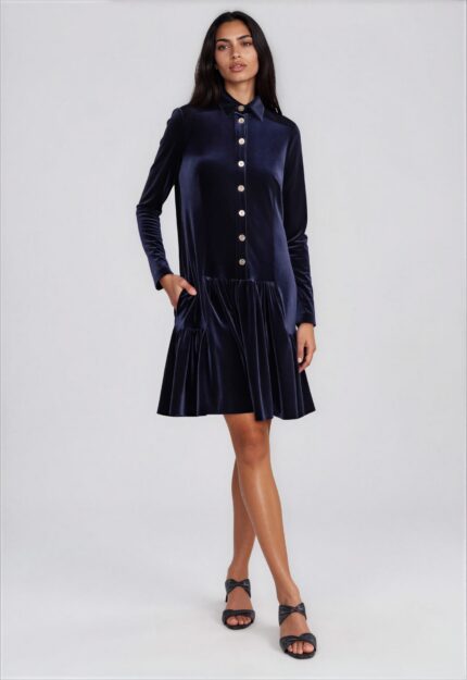 Marineblaues Samt-Hemdkleid mit Volantsaum – Bild 2