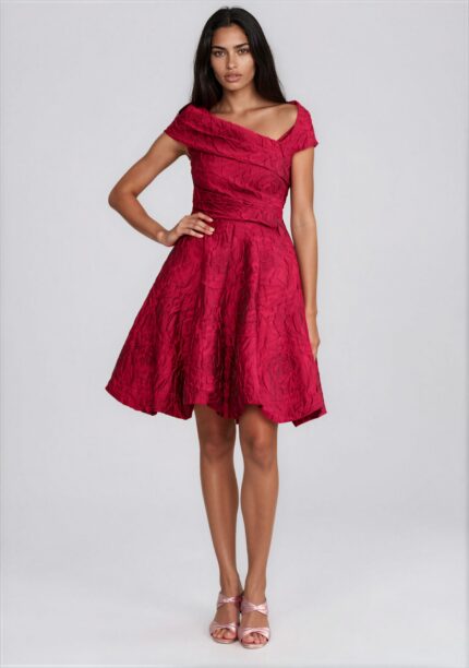Red Cocktail Dress with Textured Jacquard and Draped Neckline<br/> - Image 2