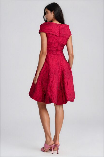 Red Cocktail Dress with Textured Jacquard and Draped Neckline<br/> - Image 3