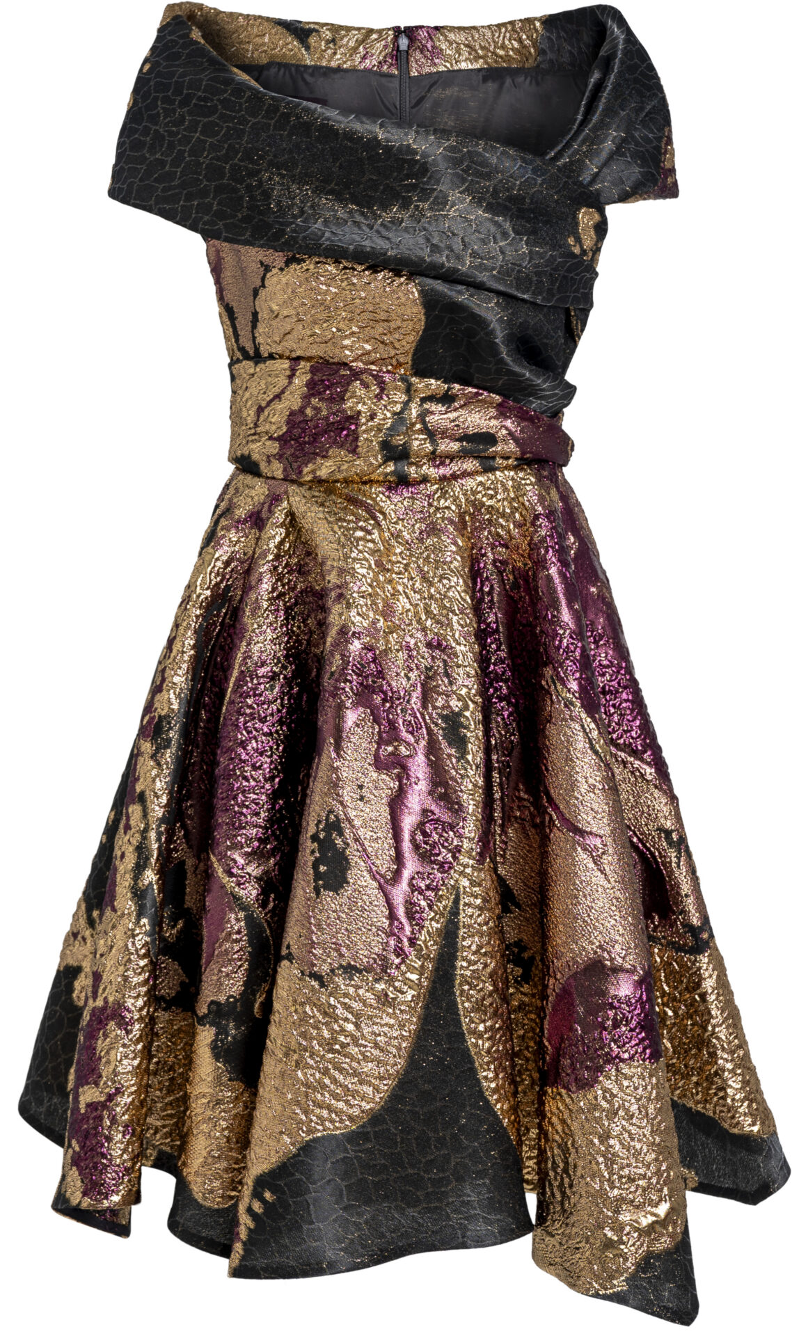 oS1021-01-RE55_bronze_1598_a Cocktail Dress with Metallic Jacquard and Asymmetric Off-Shoulder Neckline<br/> - Image 1