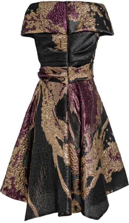 Cocktail Dress with Metallic Jacquard and Asymmetric Off-Shoulder Neckline<br/> - Image 4