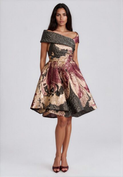 Cocktail Dress with Metallic Jacquard and Asymmetric Off-Shoulder Neckline<br/> - Image 2
