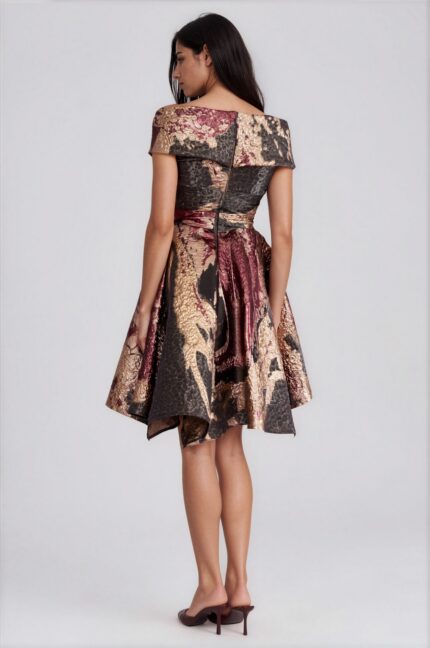 Cocktail Dress with Metallic Jacquard and Asymmetric Off-Shoulder Neckline<br/> - Image 3