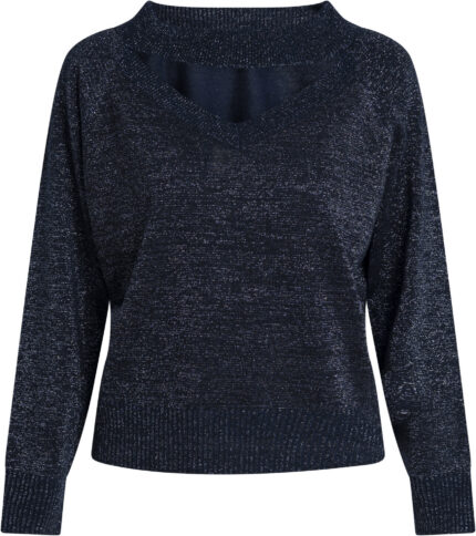 Shimmering Long-Sleeve Knit Sweater with V-Neck and Collar Detail<br/>