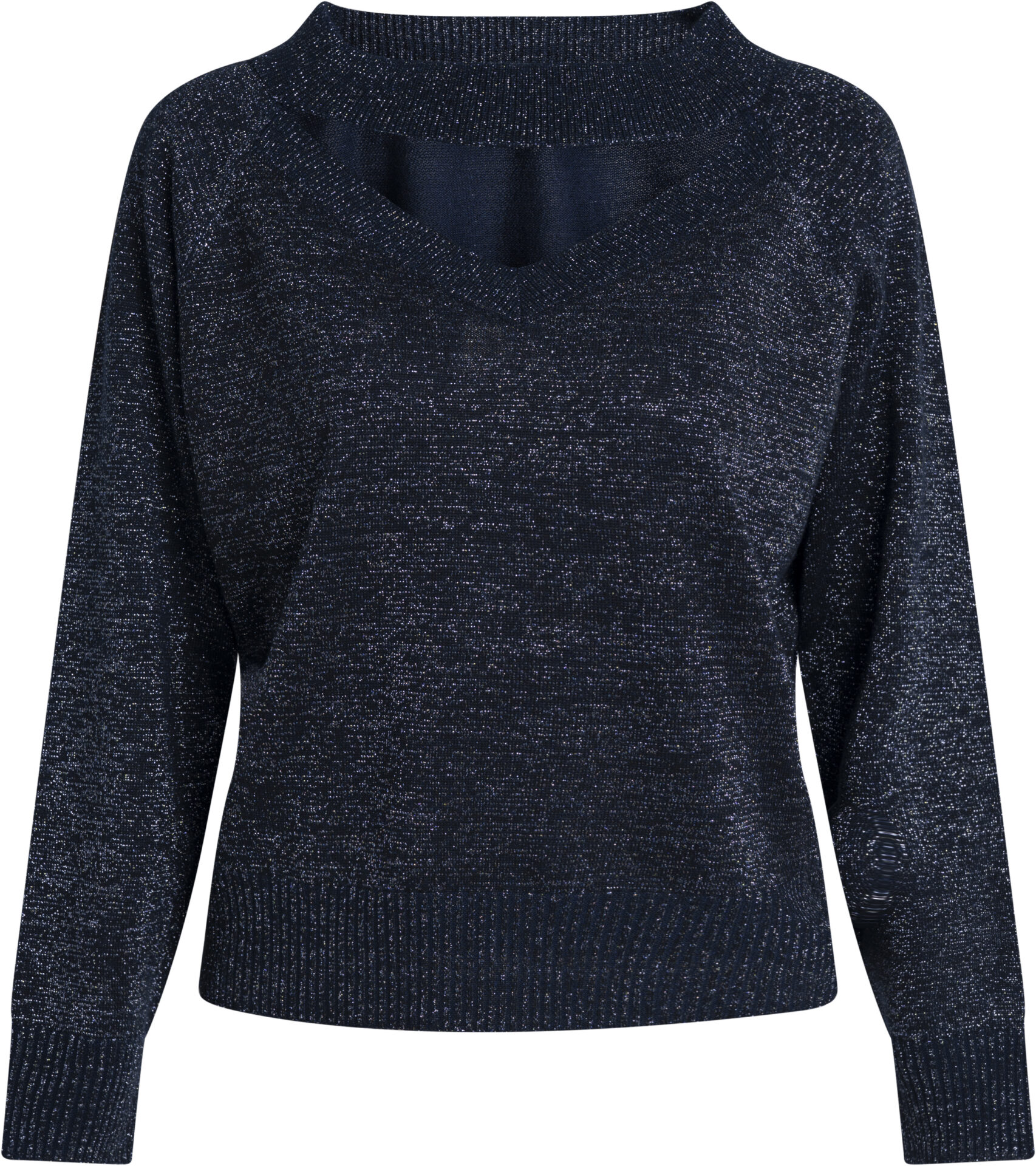 63267_blau_329_a Shimmering Long-Sleeve Knit Sweater with V-Neck and Collar Detail<br/> - Image 1