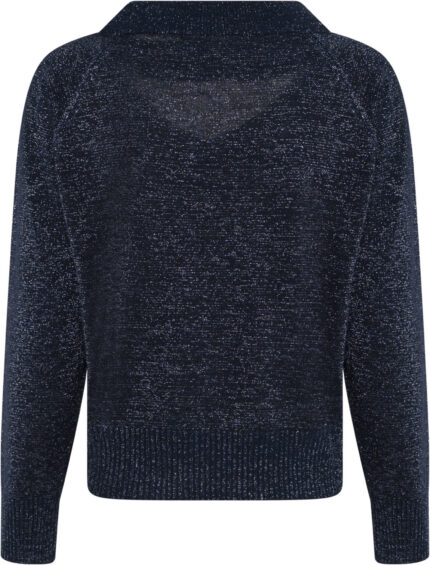 Shimmering Long-Sleeve Knit Sweater with V-Neck and Collar Detail<br/> - Image 3