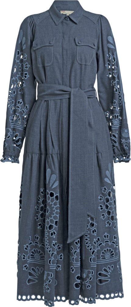 Denim Midi Dress with Eyelet Embroidery and Waist Belt