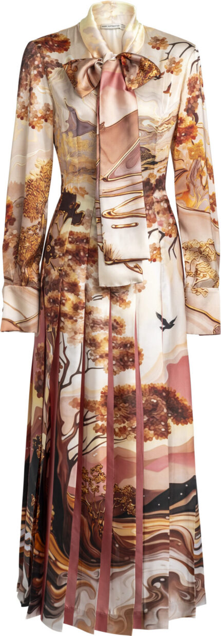 Printed Midi Dress with Tie Neck and Pleated Skirt<br/>