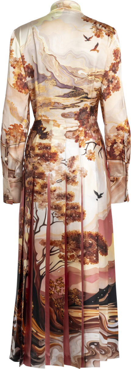 Printed Midi Dress with Tie Neck and Pleated Skirt<br/> - Image 2