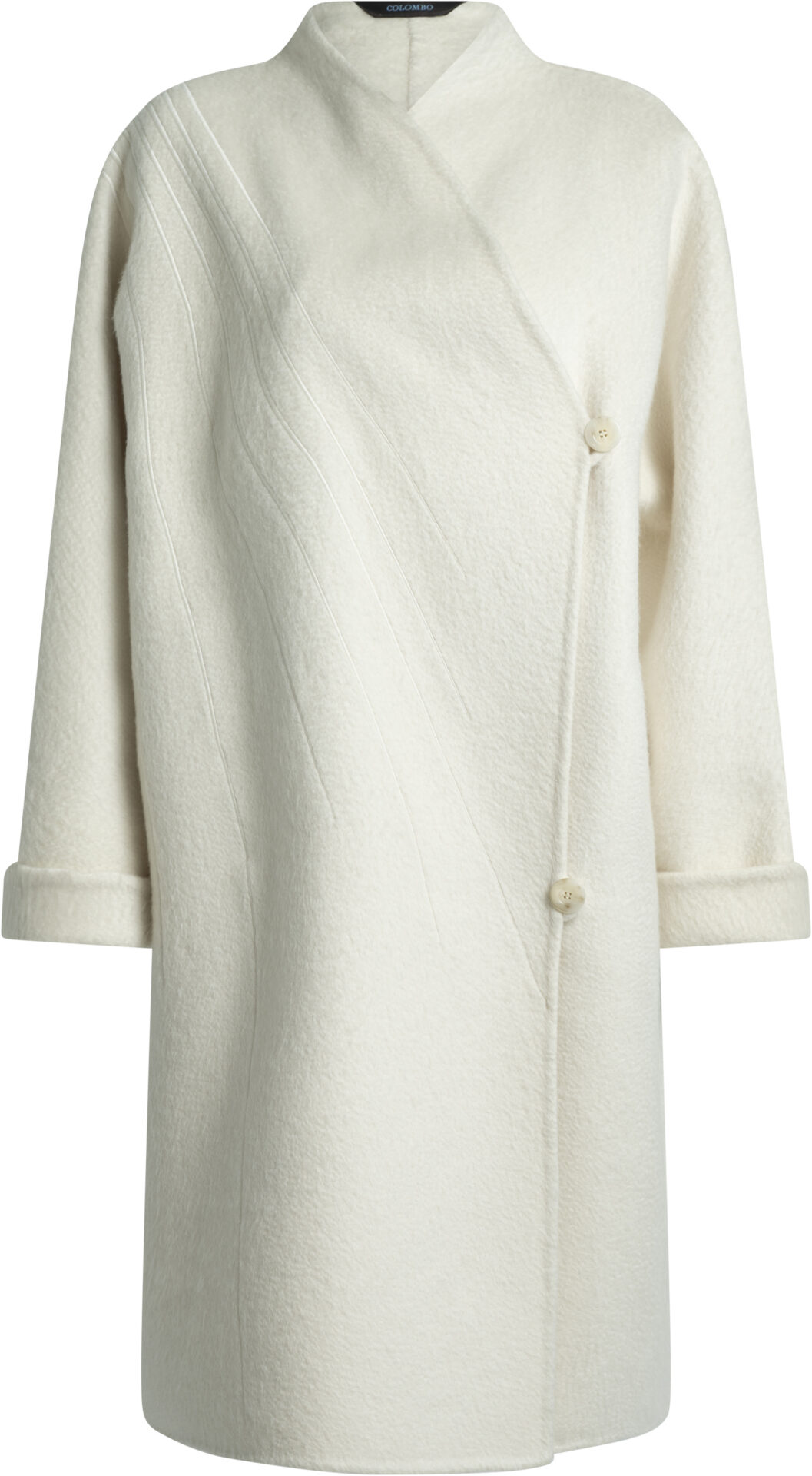 CB00512-RC_creme_7999_a Eleganter Kaschmirmantel mit Wickeloptik, diagonalem Biesendekor und Schalkragen – Bild 1