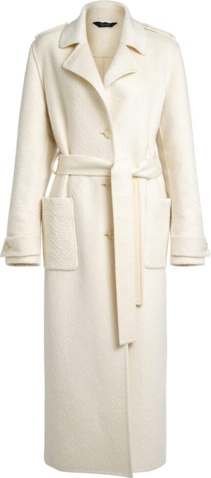 Long cashmere coat with lapel collar, self-tie belt, patch pockets and tonal wave embroidery.