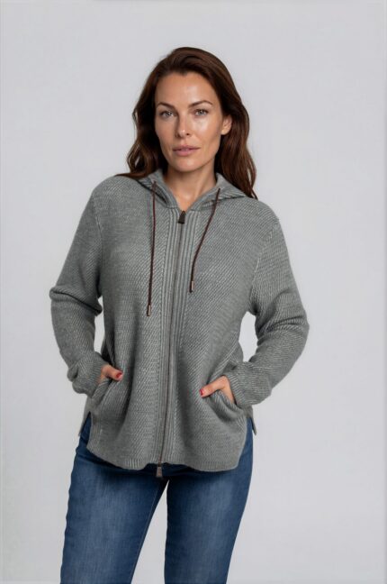 Cashmere hooded knit jacket with two-way zip, pockets and textured finish - Image 2