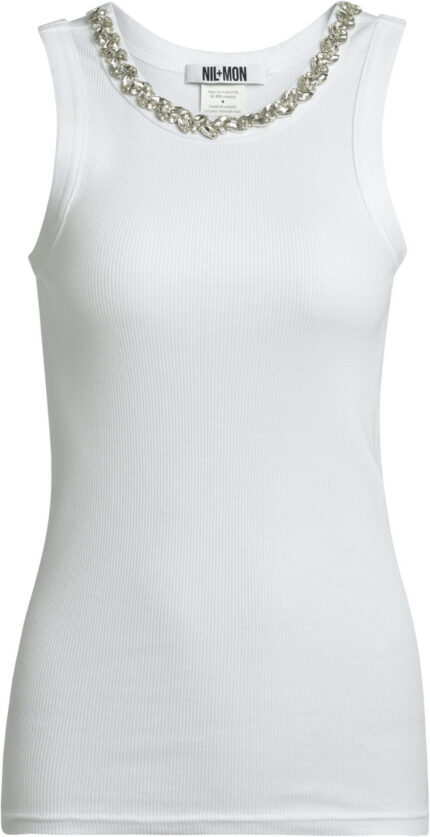 Ribbed Organic Cotton Tank Top with Embellished Neckline<br/>