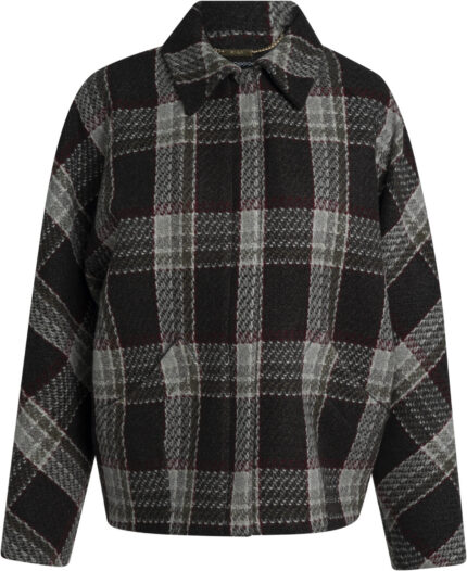 Checked cashmere jacket with shirt collar, leather details and silk lining