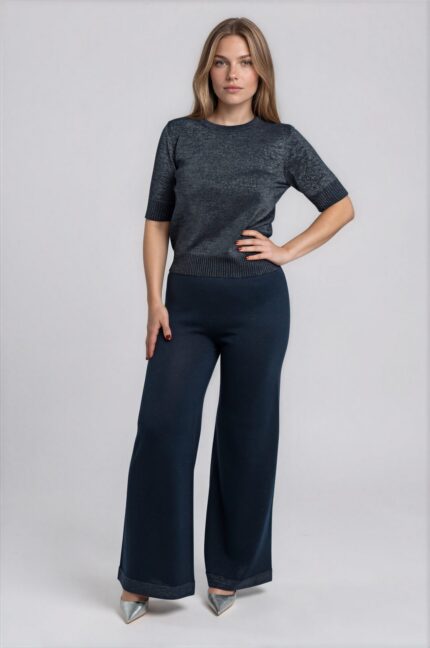 Shimmering Short-Sleeve Knit Top with Crew Neckline<br/> - Image 2