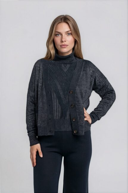 Shimmering Knit Cardigan with V-Neck<br/> - Image 2