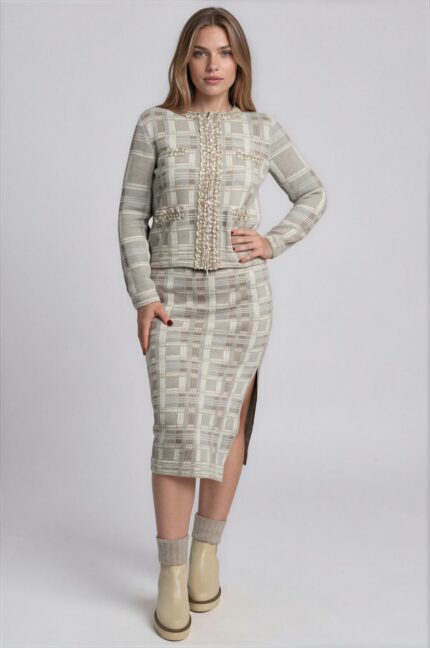 Checked Midi Skirt with Side Slit<br/> - Image 2