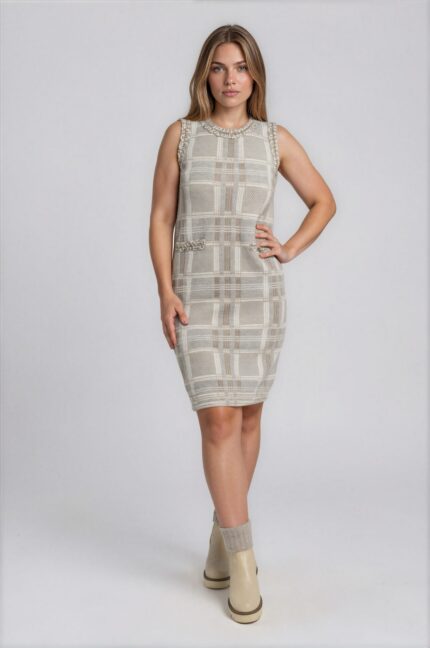 Checked Sleeveless Dress with Textured Details<br/> - Image 2