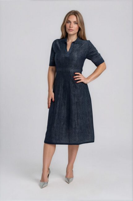 Shimmering Knit Midi Dress with Polo Collar<br/> - Image 2