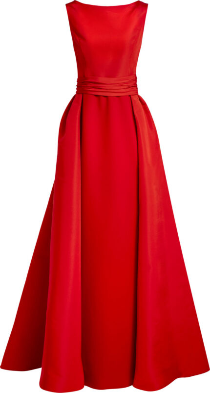 Red Silk Evening Gown with Draped Waist and Voluminous Skirt<br/>