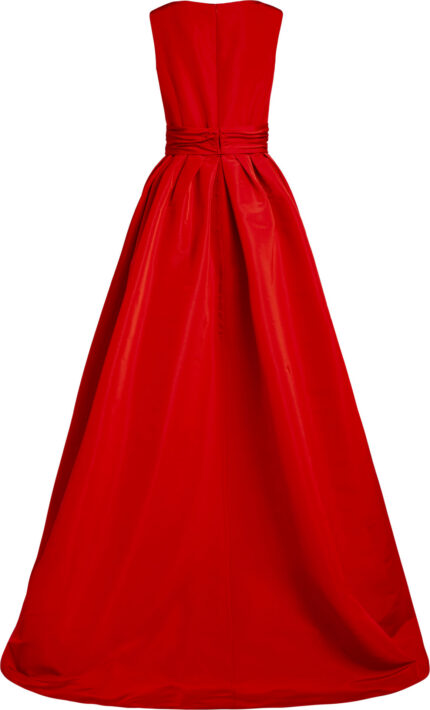 Red Silk Evening Gown with Draped Waist and Voluminous Skirt<br/> - Image 3