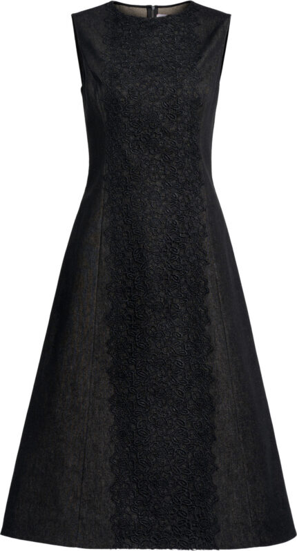 Black Denim Dress with Floral Lace Appliqué<br/>