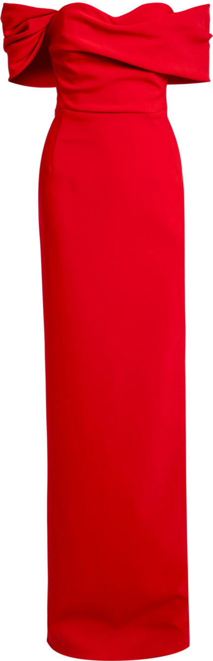 Red Evening Gown with Off-Shoulder Draping<br/>