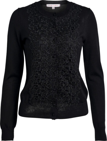 Black Knit Cardigan with Floral Lace Appliqué<br/>
