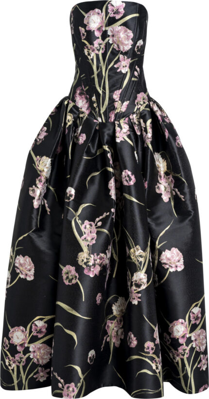 Strapless Evening Gown with Floral Jacquard and Corset Bodice<br/>