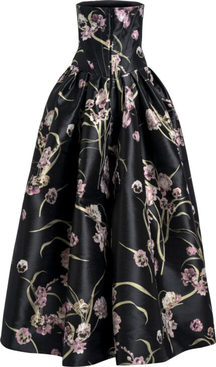 Strapless Evening Gown with Floral Jacquard and Corset Bodice<br/> - Image 3