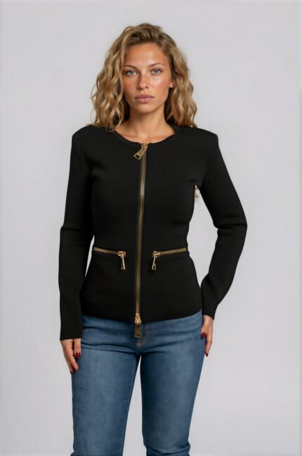Black Knit Jacket with Gold-Tone Zippers<br/> - Image 2