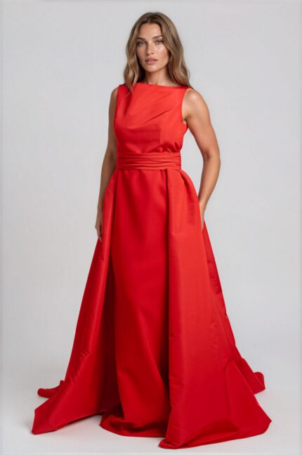 Red Silk Evening Gown with Draped Waist and Voluminous Skirt<br/> - Image 2