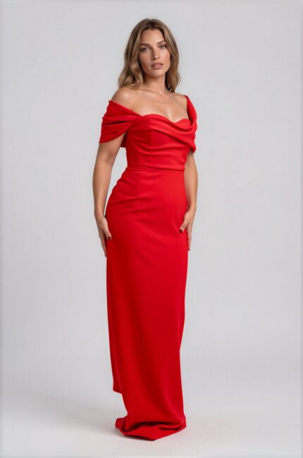 Red Evening Gown with Off-Shoulder Draping<br/> - Image 2