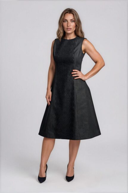 Black Denim Dress with Floral Lace Appliqué<br/> - Image 2