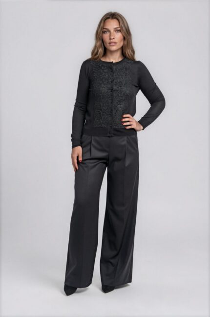 Black Knit Cardigan with Floral Lace Appliqué<br/> - Image 2