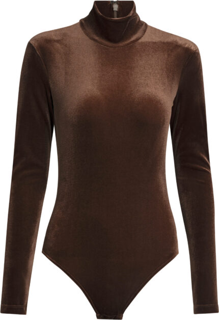 Velvet Bodysuit with Stand Collar<br/>