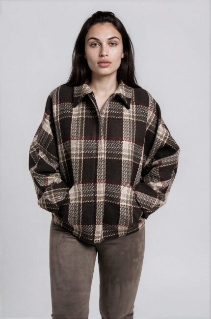 Checked cashmere jacket with shirt collar, leather details and silk lining - Image 2