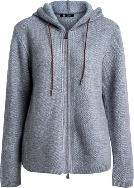 Cashmere hooded knit jacket with two-way zip, pockets and textured finish