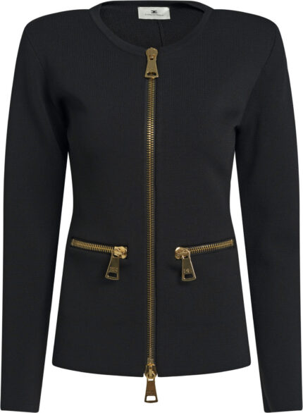 Black Knit Jacket with Gold-Tone Zippers<br/>