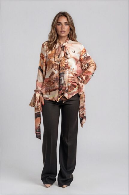 Printed Blouse with Tie-Neck Detail<br/> - Image 2