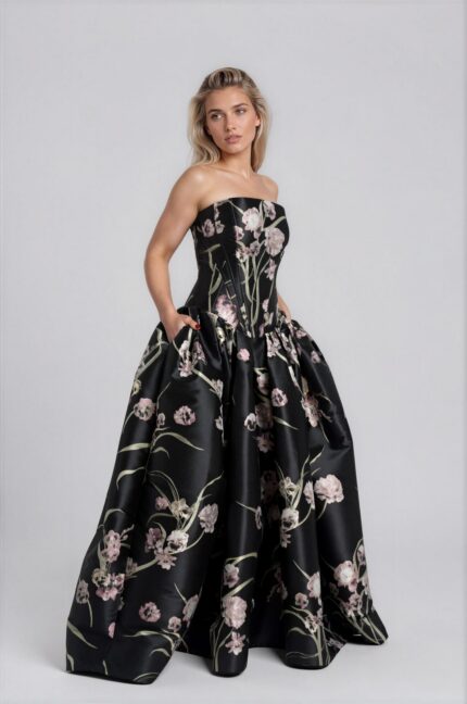 Strapless Evening Gown with Floral Jacquard and Corset Bodice<br/> - Image 2