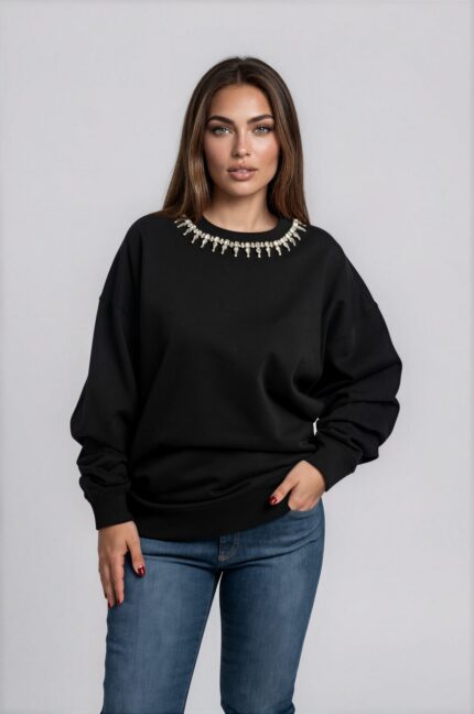 Organic Cotton Sweatshirt with Embellished Neckline<br/> - Image 2