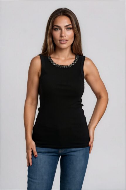 Ribbed Organic Cotton Tank Top with Embellished Neckline<br/> - Image 2