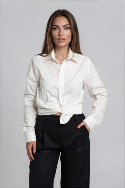 White Shirt Blouse with Embellished Collar<br/> - Image 2